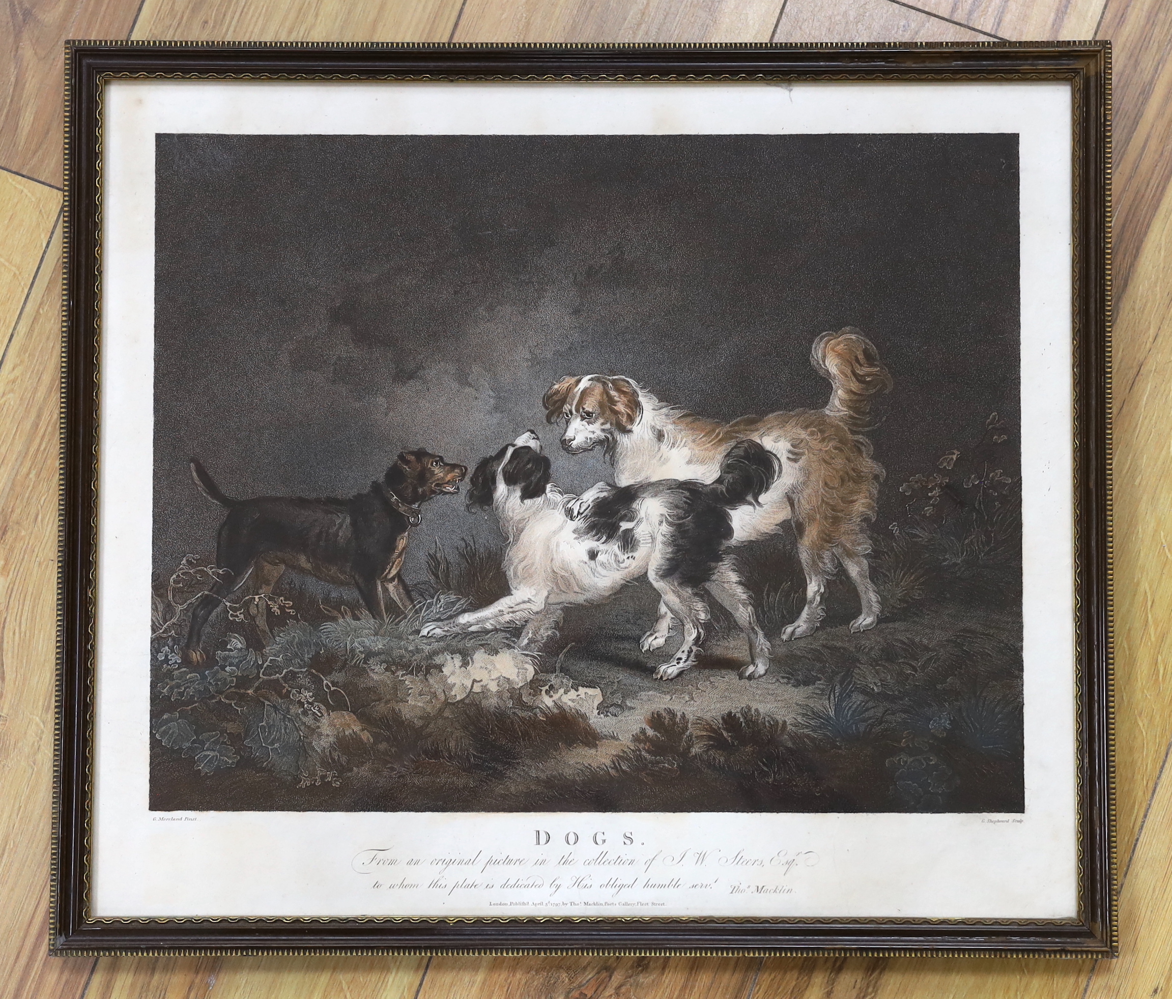 After George Morland (1763-1804), colour engraving, 'Dogs', publ. London 3rd April 1797 by Thomas Macklin, Poets Gallery, Fleet Street, 43 x 49cm